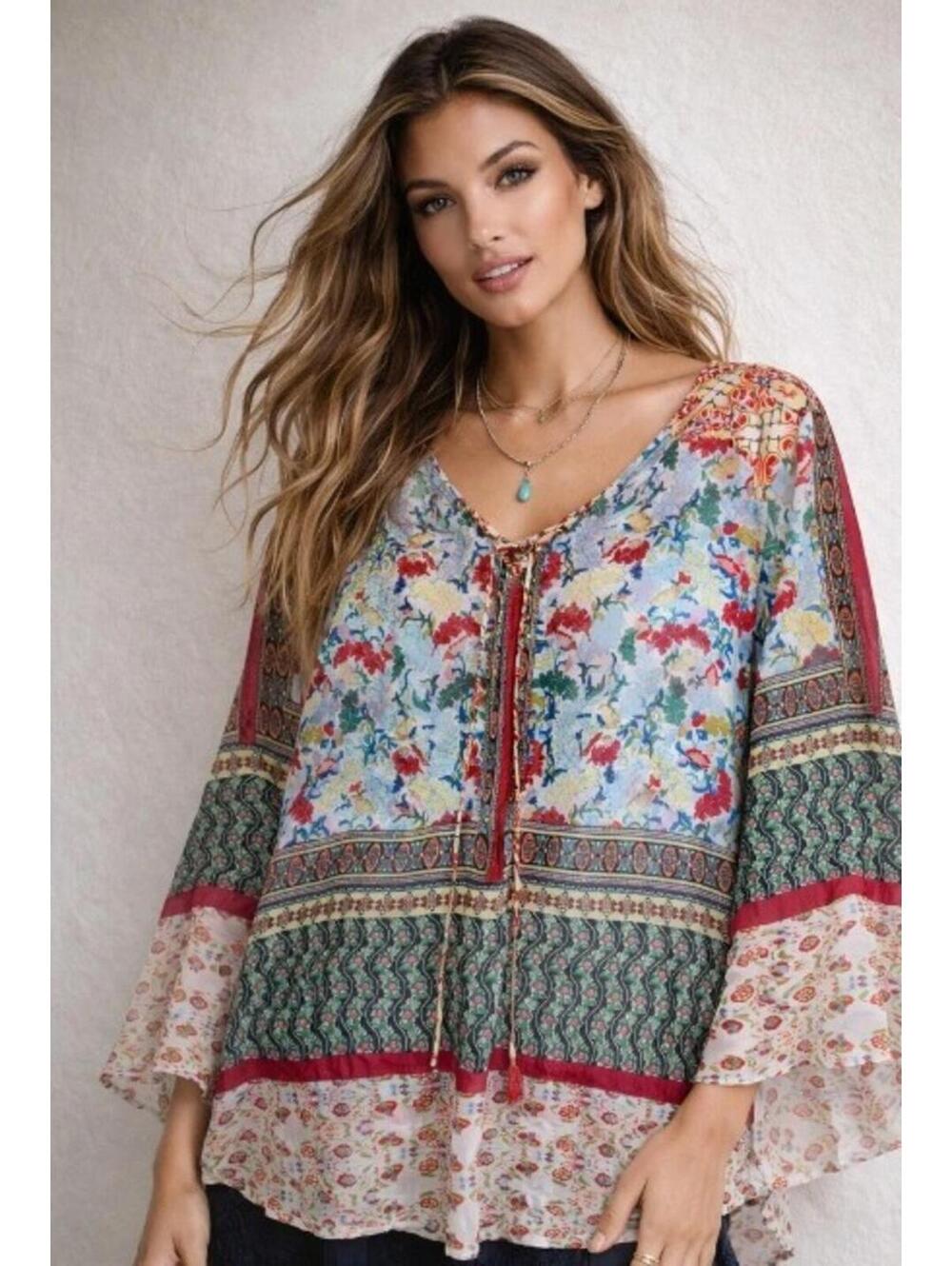 Anthropologie Fig and Flower Bohemian Floral Tunic V-Neck Blouse Relaxed Fit